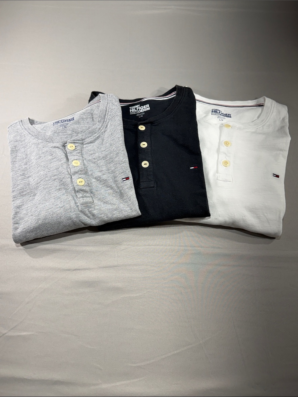 Tommy Hilfiger Gray/Black/White Short-Sleeve Henley Tees.